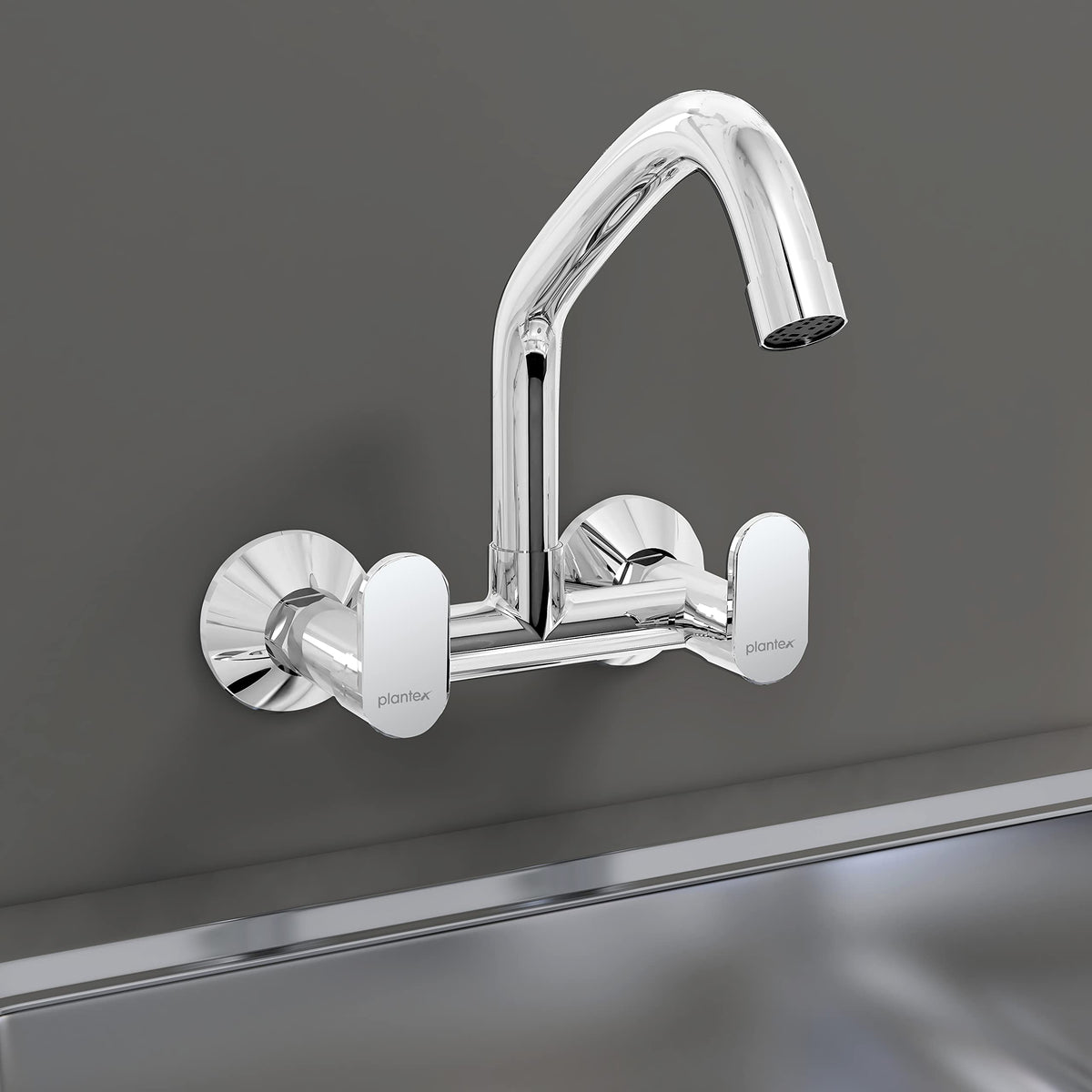 Plantex Pure Brass ORN-215 Sink Mixer with (360 Degree)/Double Handle Hot & Cold Water Tap for Kitchen/Bathroom with Brass Wall Flange & Teflon Tape (Mirror-Chrome Finish)