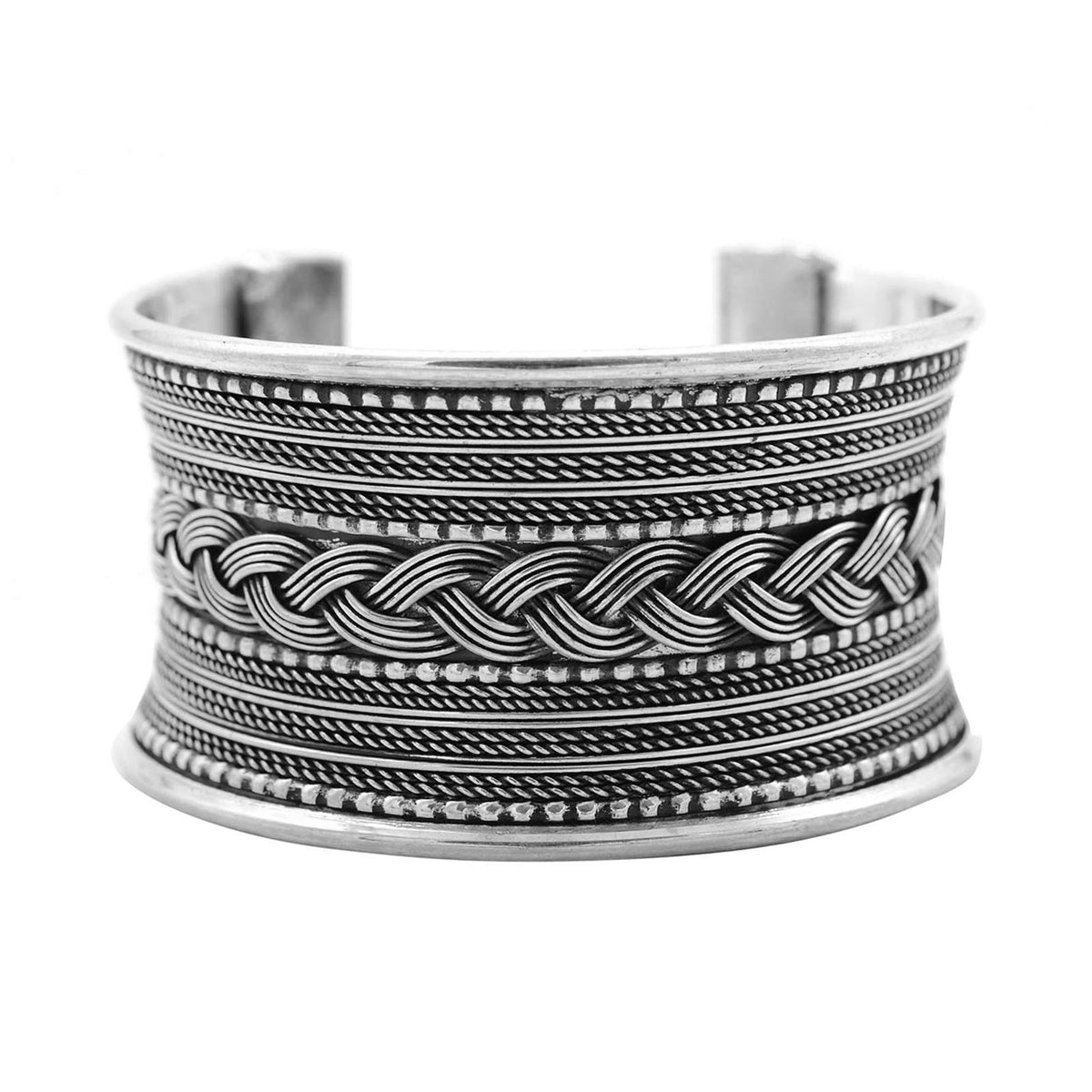 TEEJH Madhu Braided Embossed Silver Oxidized Bracelet Cuff for Women