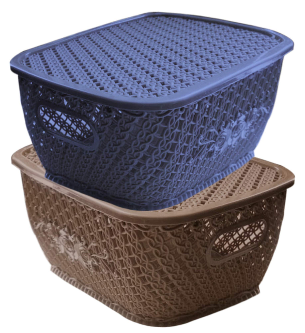 Kuber Industries Plastic 2 Pieces Medium Size Multipurpose Solitaire Storage Basket for Kitchen, Office, Bedroom, Bath Room with Lid (Coffee & Grey) CTKTC034308