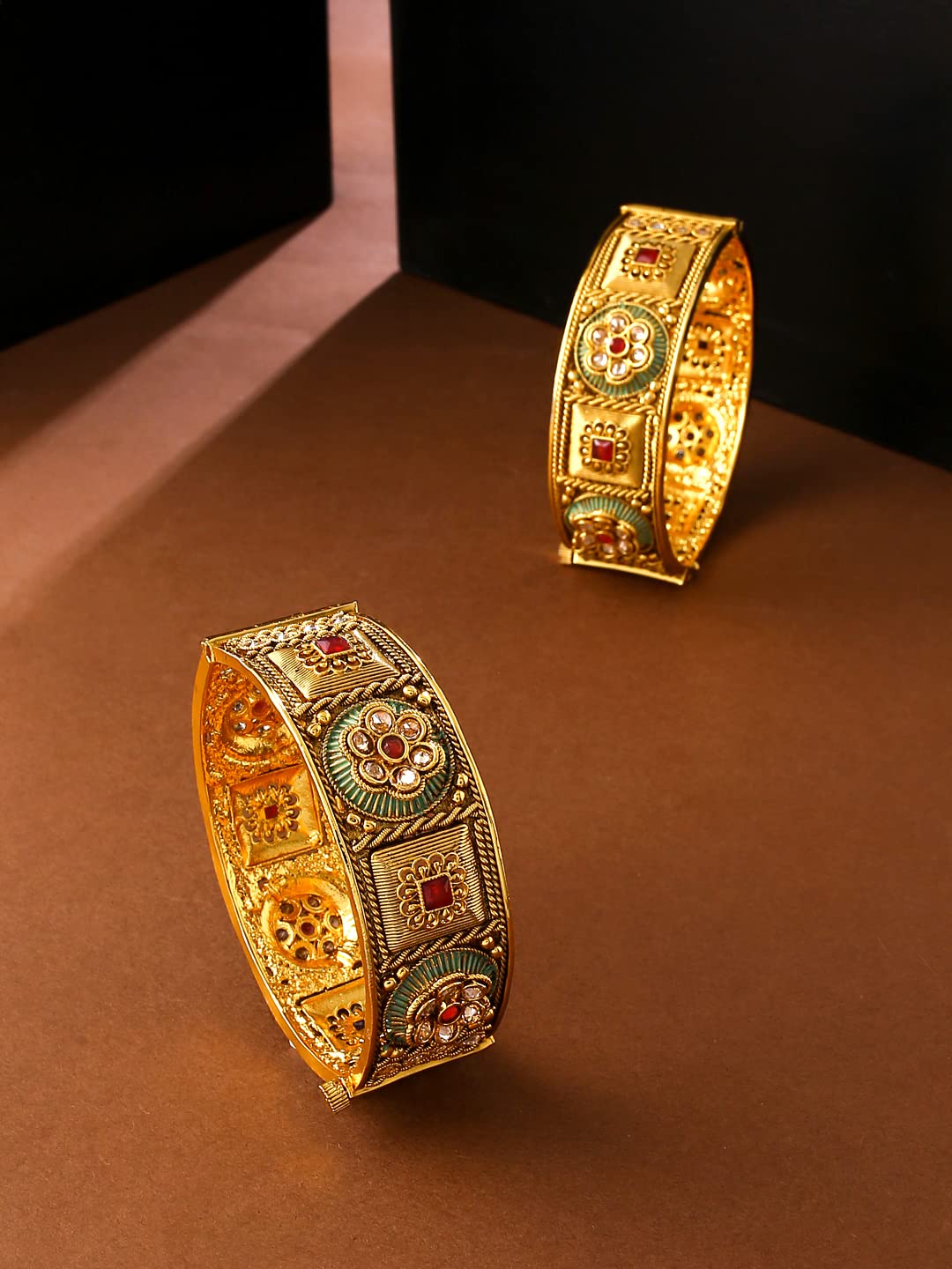 Yellow Chimes Bangles for Women Gold Toned Red Stone Studded Set of 2 Pcs Meenakari Touch Bangles for Women and Girls