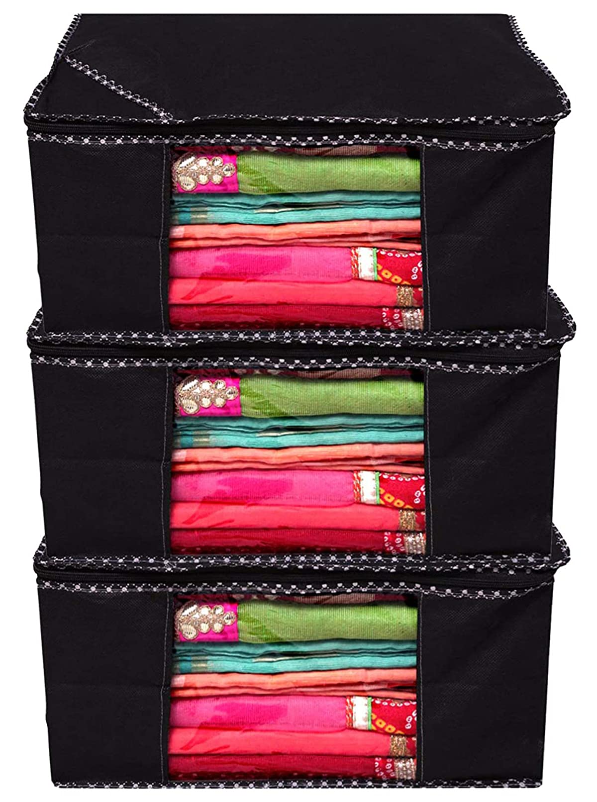 Kuber Industries Non Woven Saree Covers With Zip|Saree Covers For Storage|Saree Packing Covers For Wedding|Pack of 3 (Black)