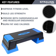 Strauss High Rise Aerobic Stepper | Two Height Level Adjustments - 6 inches and 8 inches | Slip-Resistant & Shock Absorbing Platform for Extra-Durability - Supports Upto 200 KG, (Blue)