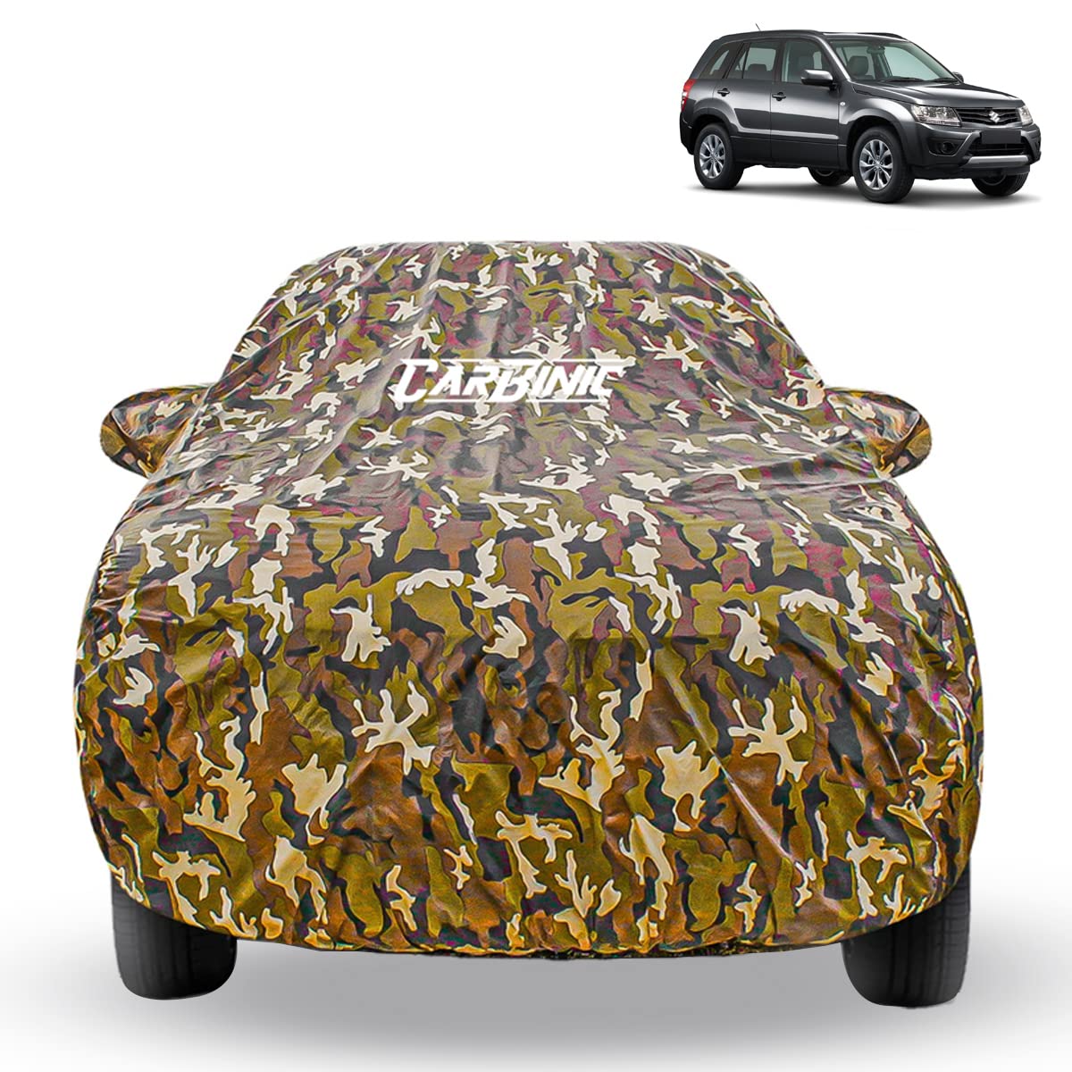 CarBinic Car Cover for Maruti Grand Vitara 2022 Waterproof (Tested) and Dustproof Custom Fit UV Heat Resistant Outdoor Protection with Triple Stitched Fully Elastic Surface | Jungle with Pockets