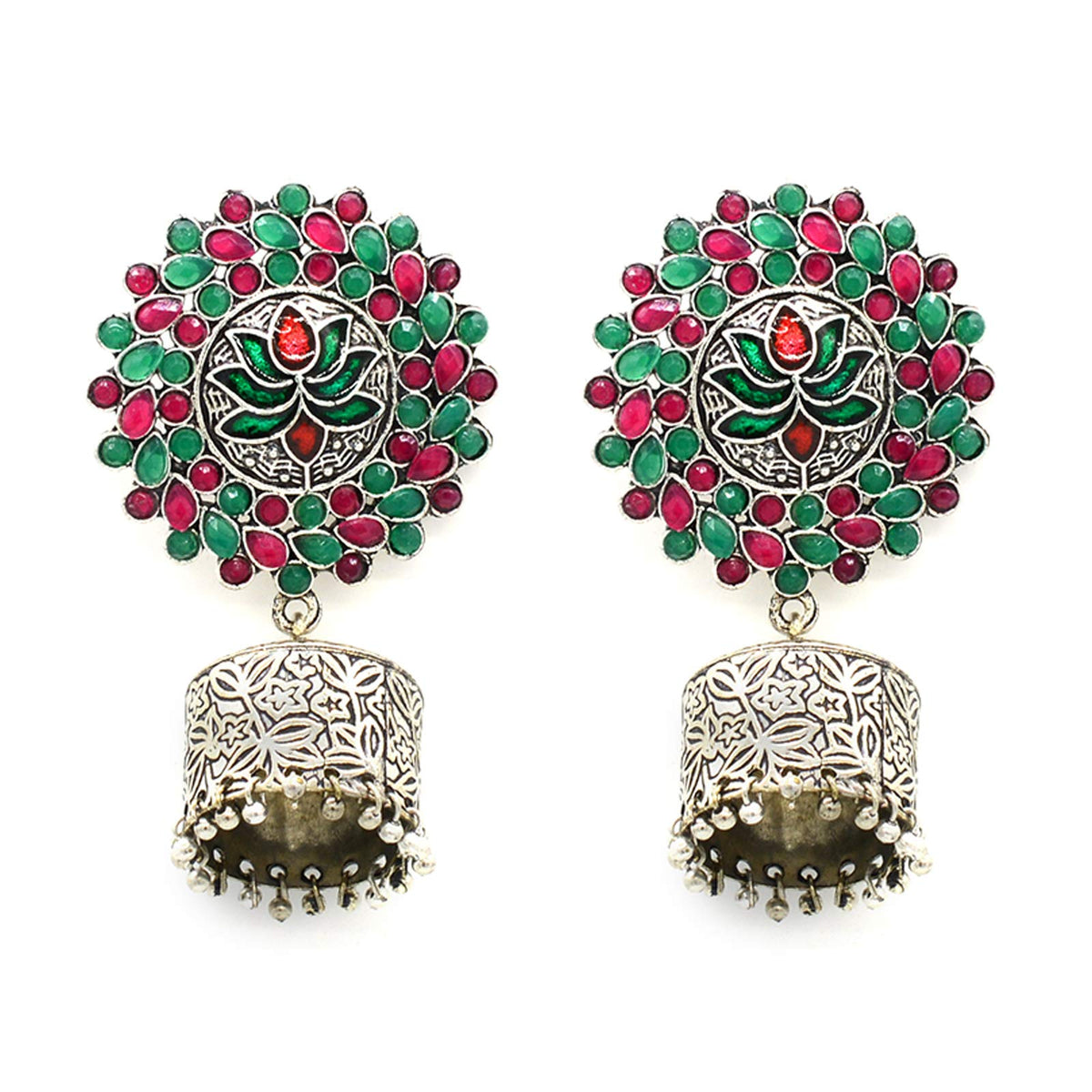 Teejh Lotus Multi Colored Silver Jhumki Earrings For Women