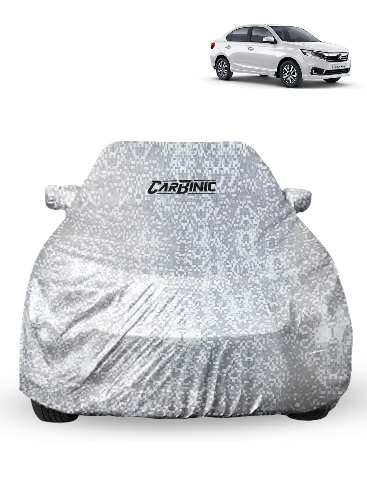 CARBINIC Car Cover for Honda Amaze2018 Waterproof (Tested) and Dustproof Custom Fit UV Heat Resistant Outdoor Protection with Triple Stitched Fully Elastic Surface | Silver with Pockets