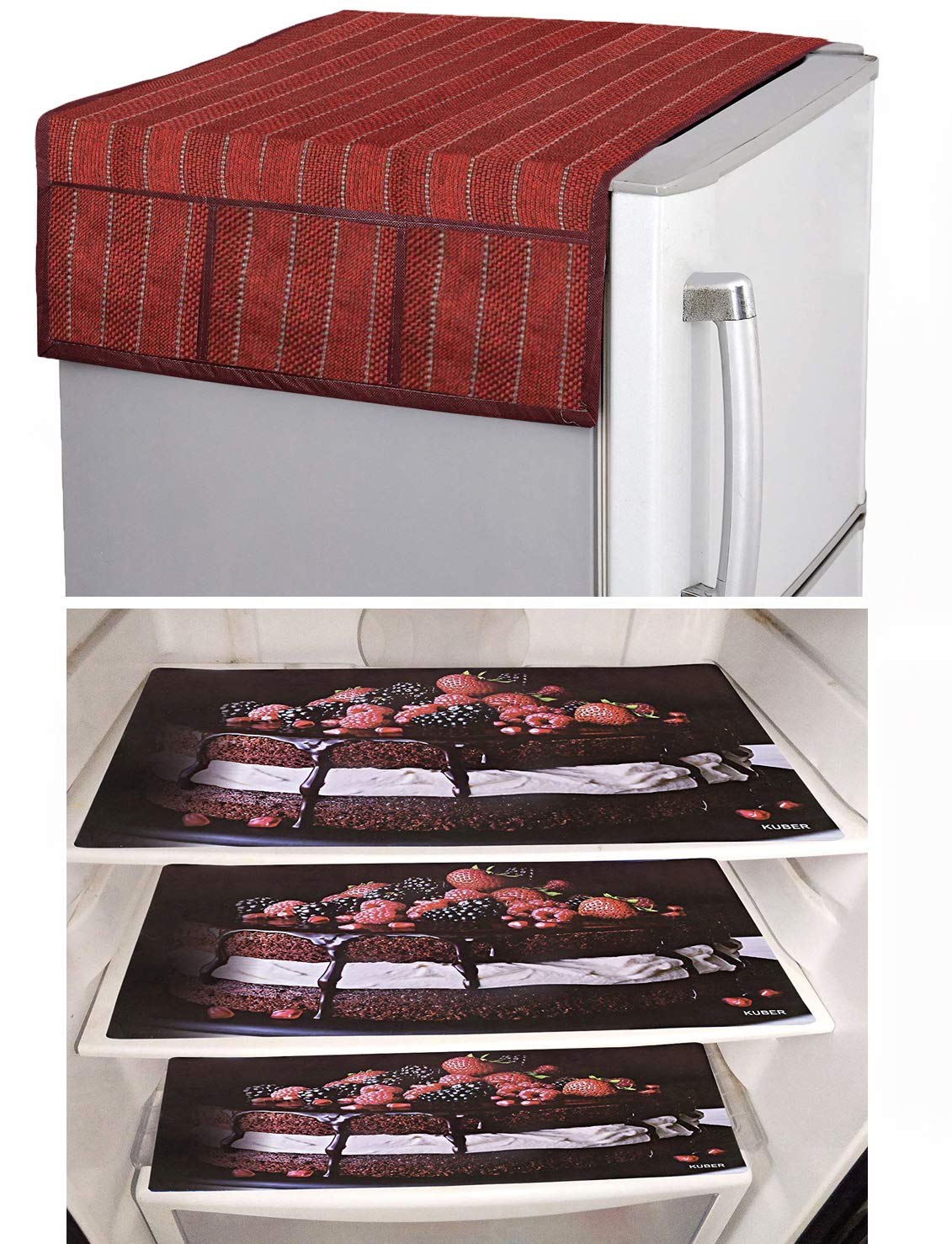 Kuber Industries PVC 3 Pieces Fridge Mats and 1 Piece Fridge Top Cover (Maroon)-CTKTC032796