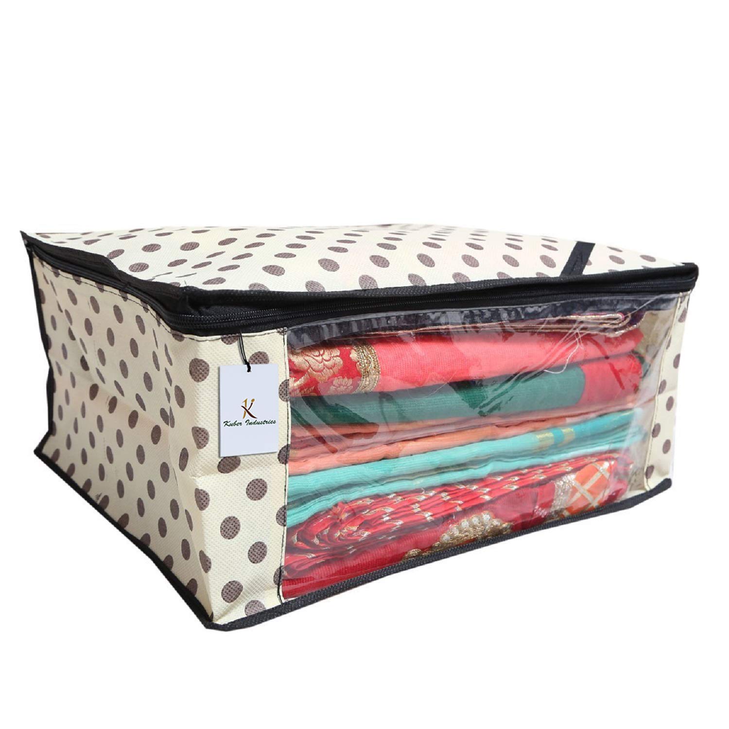 Kuber Industries Polka Dots Saree Cover/Regular Cloth Bag/Wardrobe Organizer Set of 3 Pcs (Ivory)