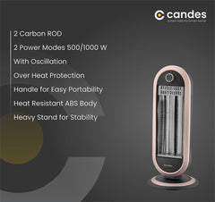 Candes 2 Rod Carbon Room Heater for Winter with 2 Heat Setting - 500W, 1000W 180 Degree Oscillating Function, Black/Brown