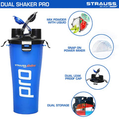 STRAUSS Dual Shaker Pro | Gym Shaker Bottle | 100% Leakproof | Ideal For Protein Shake, Pre- Post Workout Drink & BCAAs | BPA Free Sipper Bottle | 700ml,(Blue)
