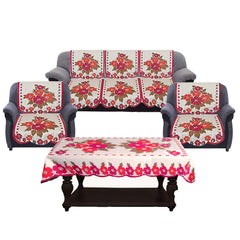 Kuber Industries Cotton Flower Design 5 Seater Sofa Cover with Center Table Cover (Pink & Cream, 7 Pieces, Standard)-CTKTC28733