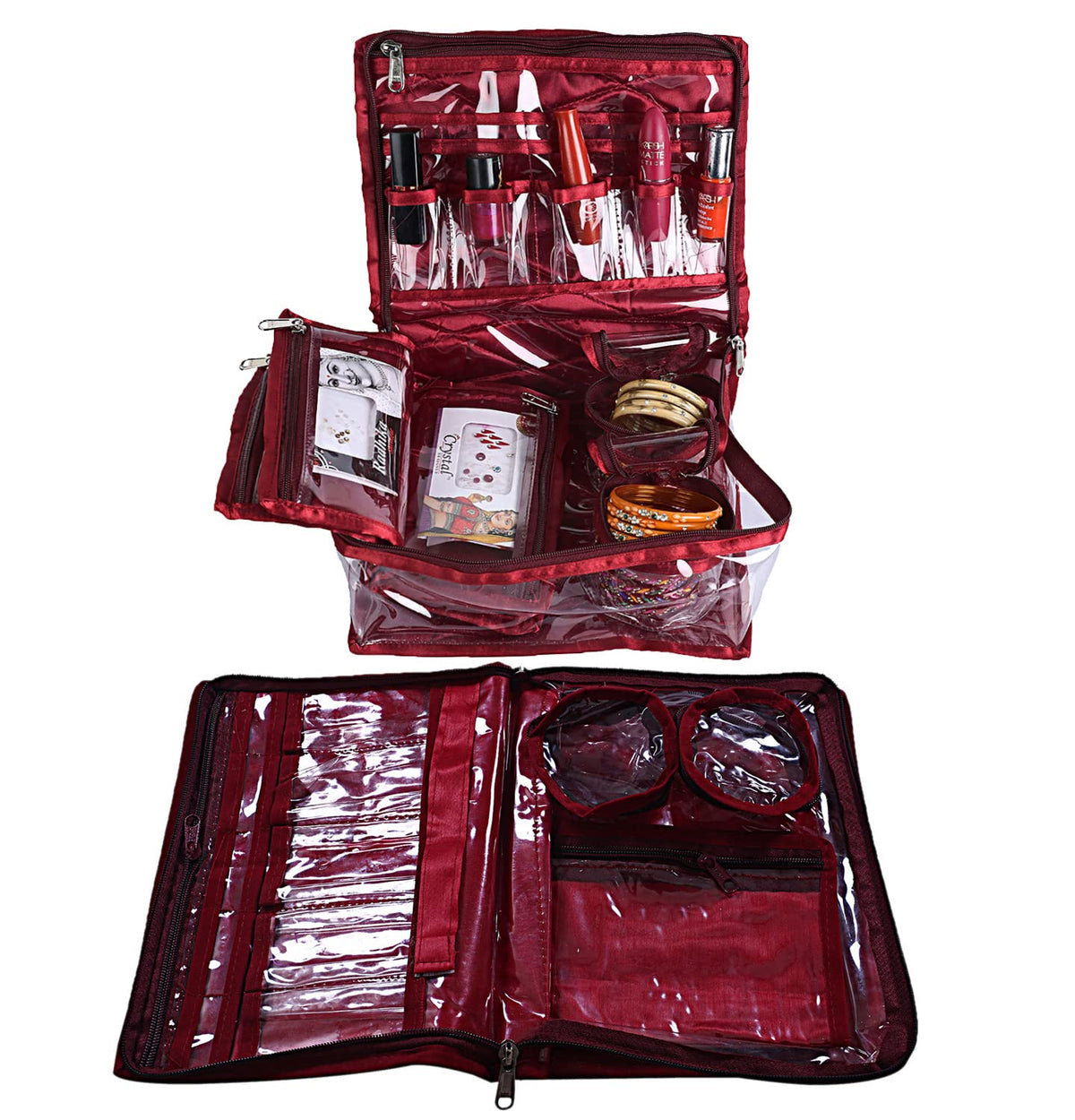 Kuber Industries Floral Print PVC Laminated Portable Jewellery Organizer With 4 Pouches & 2 Bangle Pouches For Home and Travel Pack of 2 (Maroon)