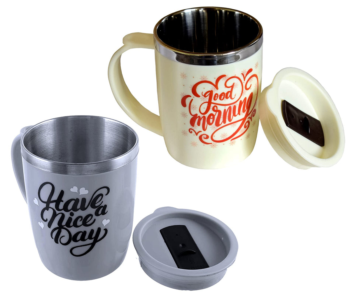 Kuber Industries Double Wall Vacuum Insulated Food Grade BPA Free Plastic Coffee Mug with Lid, Pack of 2 (Grey & Cream)