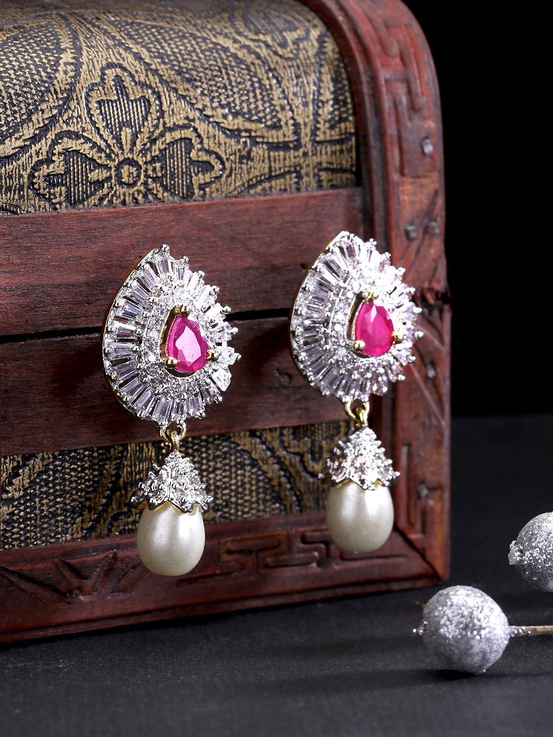 Yellow Chimes Elegant Pink AD/American Diamond Studded 18k Gold Plated HandCrafted Pearl Drop Earrings for Women & Girls