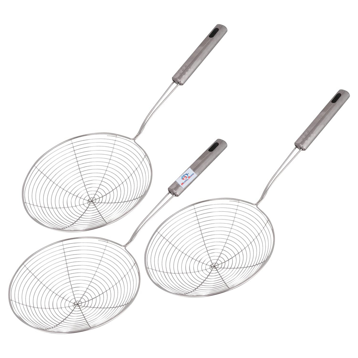 Heart Home Puri Strainer|Stainless Steel Jhar for Cooking & Frying|Versatile Deep Fry Chalni with Handle for Kitchen|18 cm|Pack of 3 (Silver)