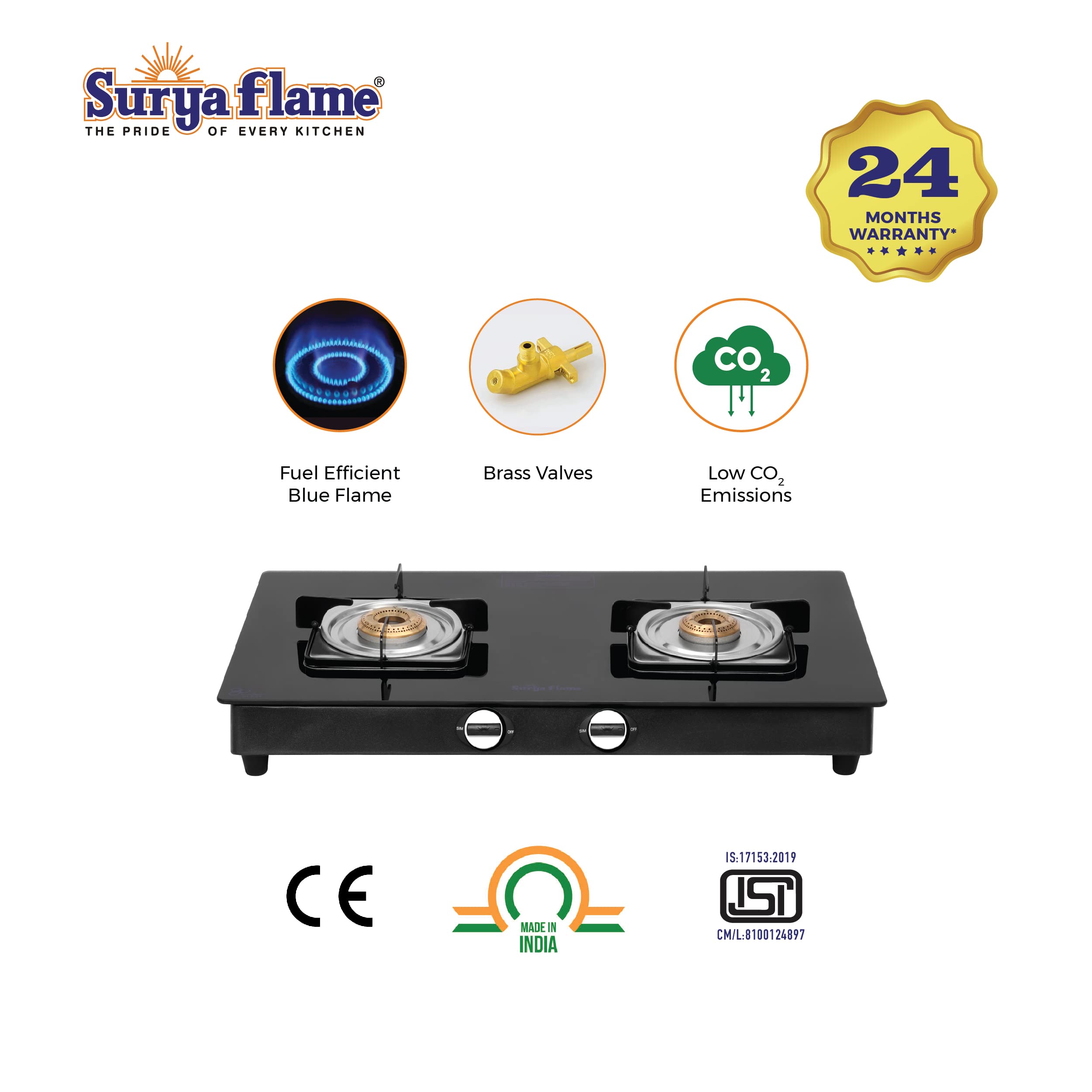 Surya Flame Nexa LPG Gas Stove | Glass Top With Stainless Steel Body | 2 Years Complete Door Step Warranty Including Glass - Black (2 Burner, 2)