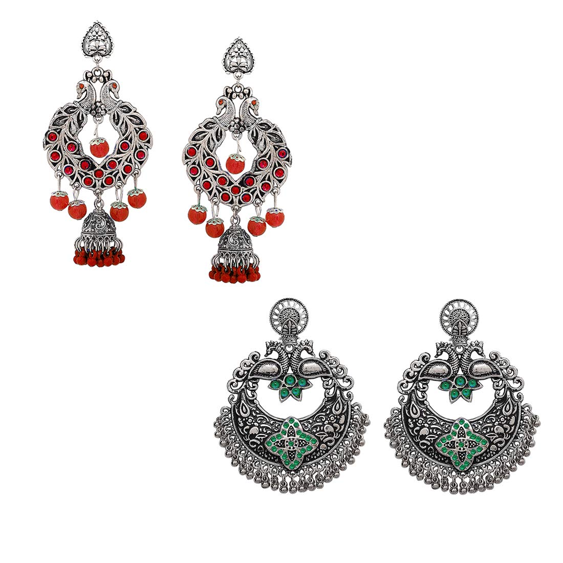 Yellow Chimes Combo of 2 Pairs Ethnic Silver Oxidised Floral Design Beads Studded Stones Chandbali Jhumka Earrings for Women and Girls, red, green, medium (YCTJER-CHNDNGLR-C-RDGR)