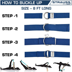 Strauss Yoga Strap & Stretching Belt | Ideal for Yoga, Pilates, Therapy, Dance, Gymnastics & Flexibility | 60% Thicker Belt with Extra Safe Adjustable Metal D-Ring Buckle | Eco-Friendly, 8 feet (Blue)