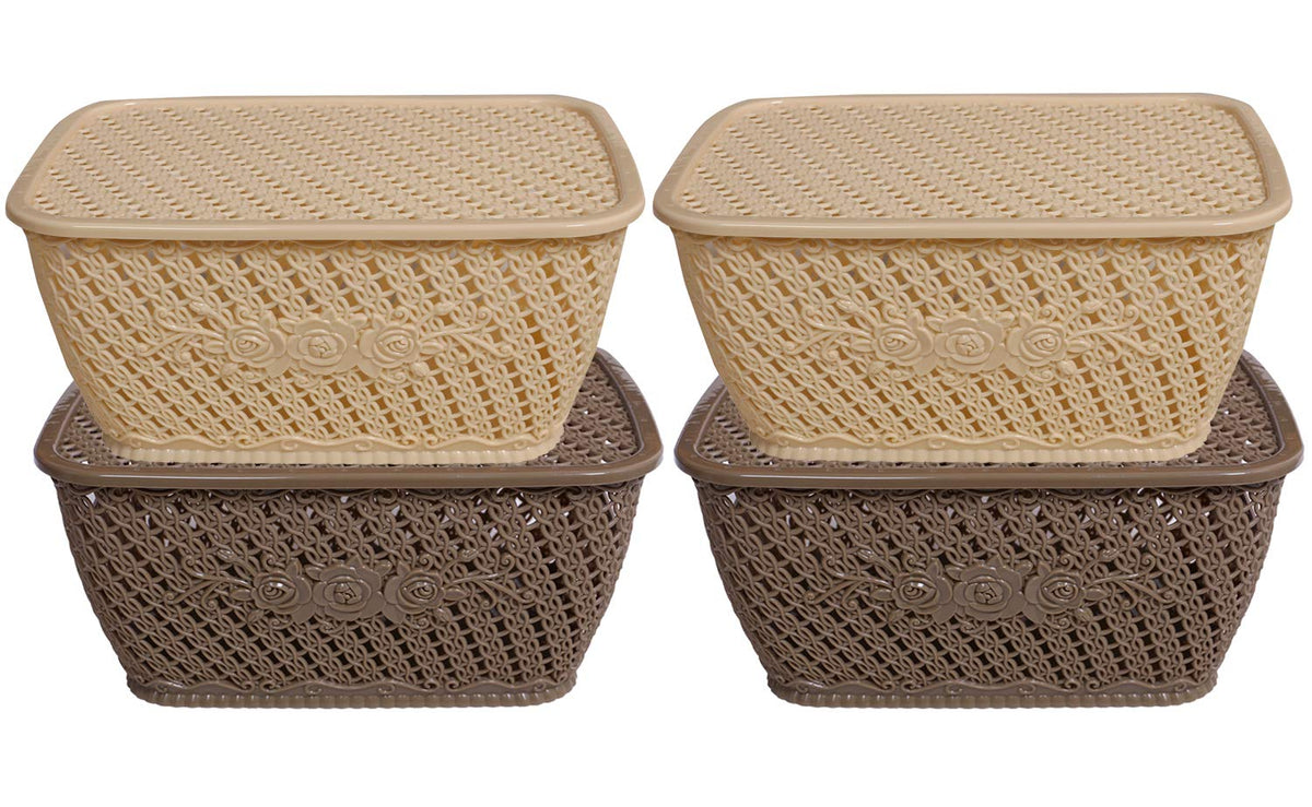 Kuber Industries Plastic 4 Pieces Small Size Multipurpose Solitaire Storage Basket for Kitchen, Office, Bedroom, Bath Room with Lid (Coffee & Cream) CTKTC034296