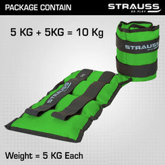 Strauss Adjustable Ankle/Wrist Weights 5 KG X 2 | Ideal for Walking, Running, Jogging, Cycling, Gym, Workout & Strength Training | Easy to Use on Ankle, Wrist, Leg, (Green)