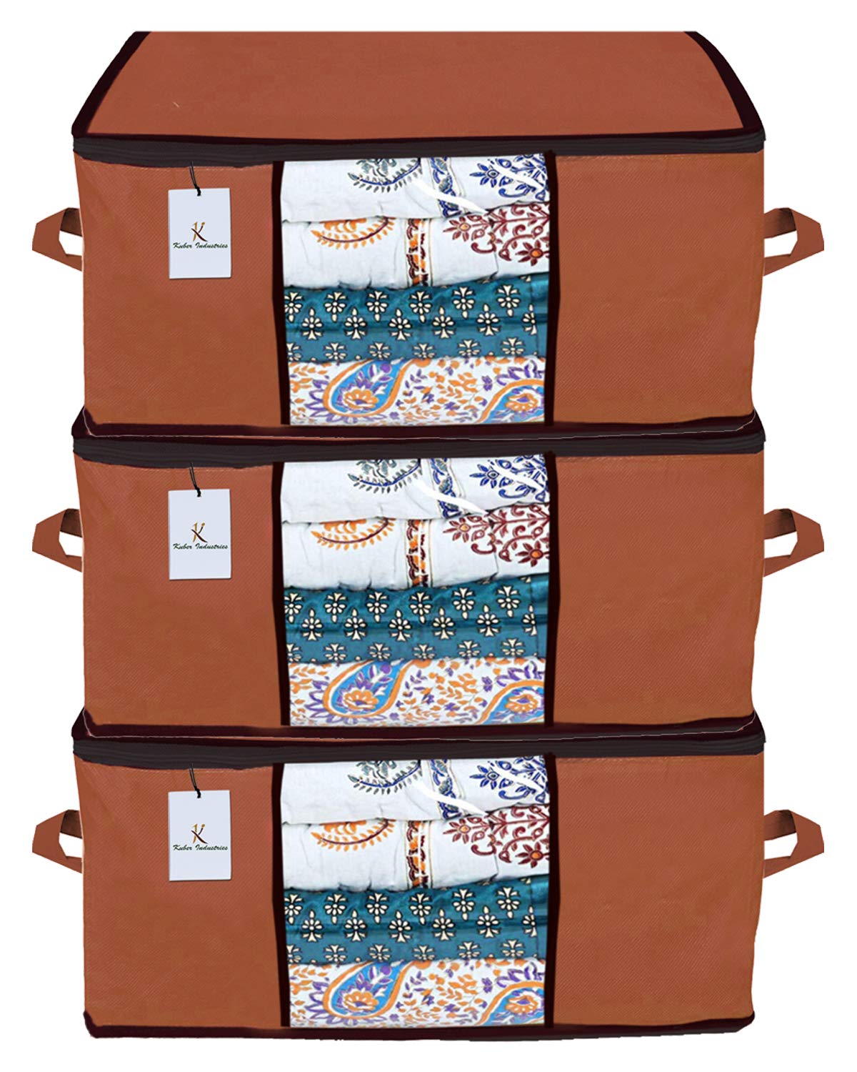Kuber Industries Underbed Storage Bag|Blanket Cover|Wardrobe Organizer For clothes|Comforter Cover|Underbed Storage Bag, Storage Organiser, Blanket Cover Set of 3 - Dark Brown, Extra Large Size