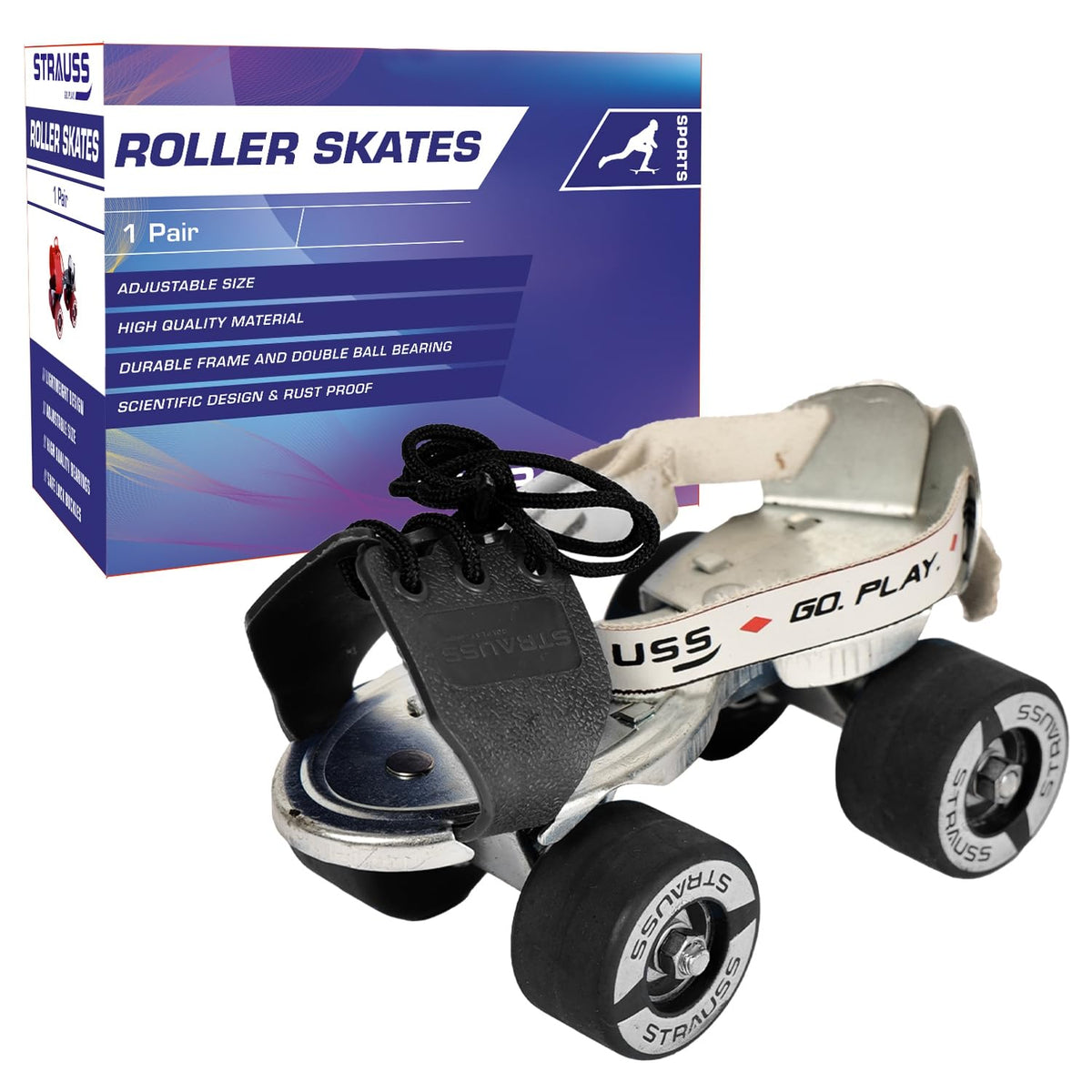 STRAUSS Junior Tenacity Roller Skates | Adjustable Shoe Size for Kids | 4 Wheels Skates for Boys and Girls | for Indoor and Outdoor Skating | Age Group 3-7 Years | Weight Capacity Upto 40kgs, Black