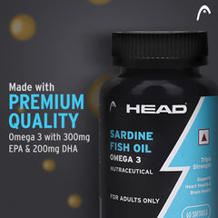 Head Omega-3 Fish Oil Capsules for Men & Women - (1000Mg Omega 3, 300 Mg Epa + 200 Mg Dha Enriched) - Pack Of 60 Capsules, Rich in Omega 3, Preservative Free, For Healthy Skin, Eyesight and Muscle Strength