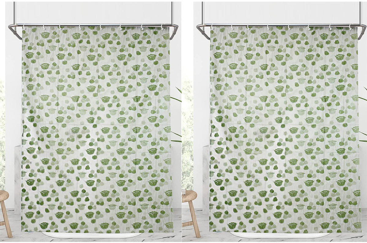 Heart Home Flower Print 7 Feet PVC Shower/AC Curtain for Bathroom with 8 Hooks Pack of 2 (Green)