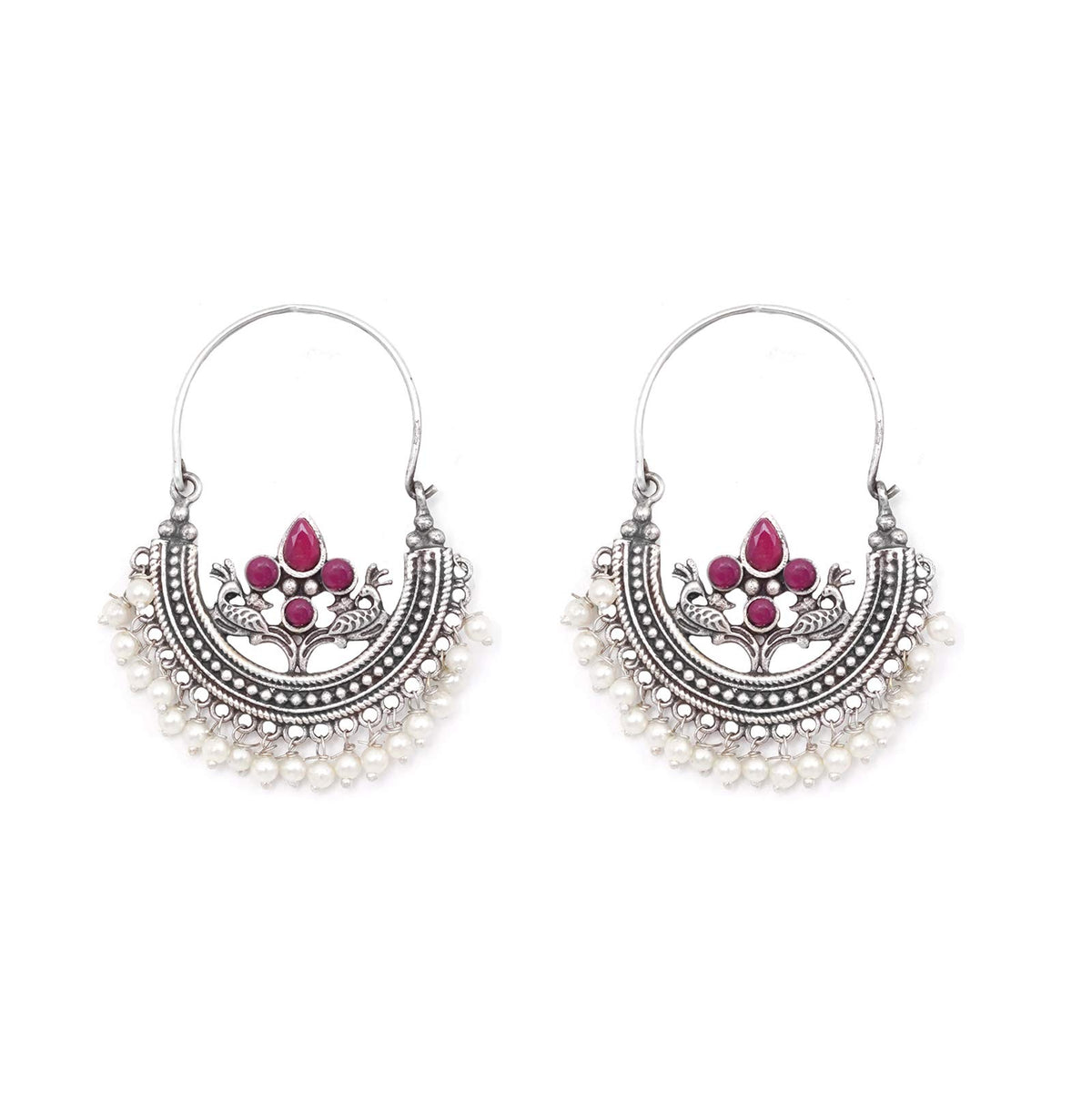 Teejh Saara Floral Red Stone Hoop Earrings For Women