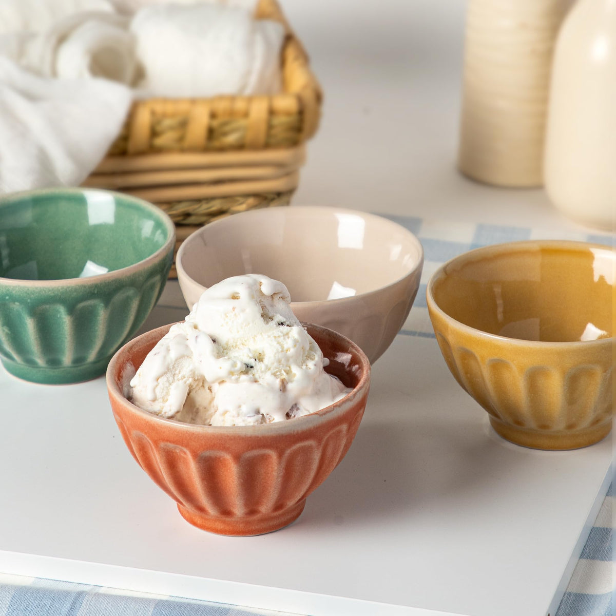 Anko Hand Glazed Icecream Bowls - Set of 4 | Stoneware Embossed Oven Safe Dessert Cup for Serving Sundaes, Sweets, Snacks, Fruits, Pudding, Nuts or Dip| 7.5 (H) x 13cm (Dia) | Pink, Brown, Green, Red