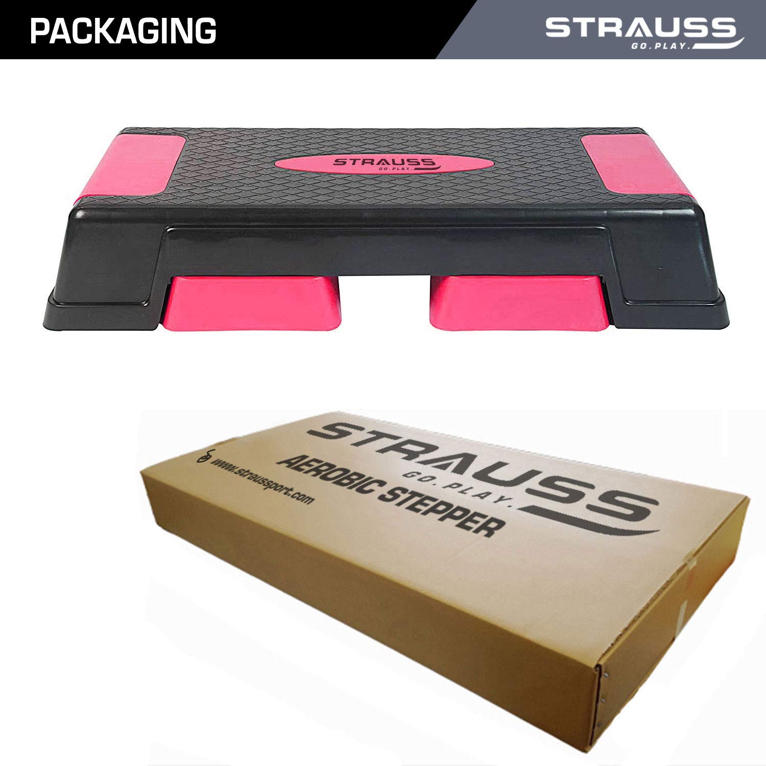 Strauss High Rise Aerobic Stepper | Two Height Level Adjustments - 6 inches and 8 inches | Slip-Resistant & Shock Absorbing Platform for Extra-Durability - Supports Upto 200 KG, (Pink)