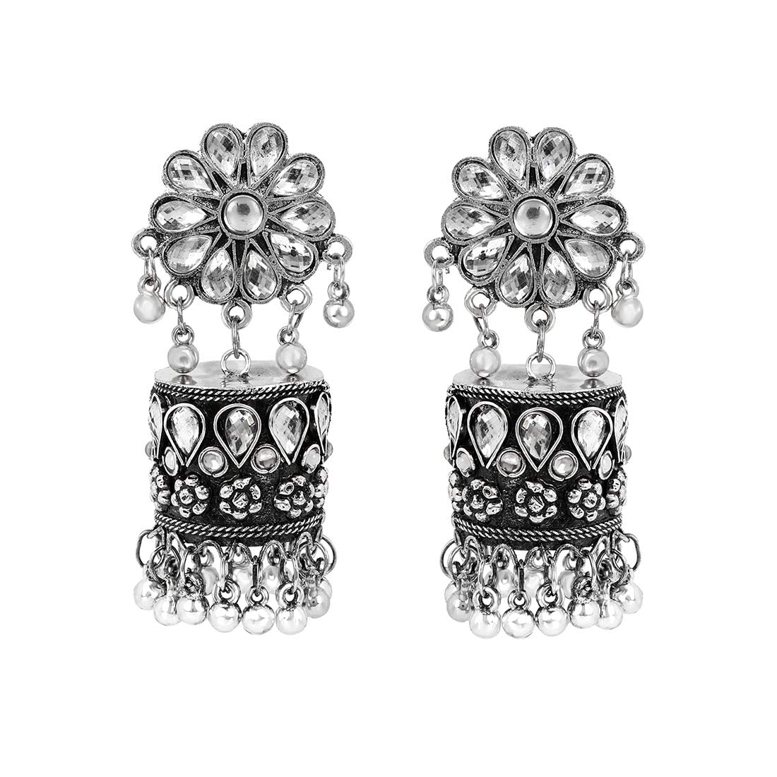 Kairangi Oxidised Earrings for Women Traditional Silver Oxidised Floral Design Dome Jhumka/Jhumki Earrings for Women and Girls