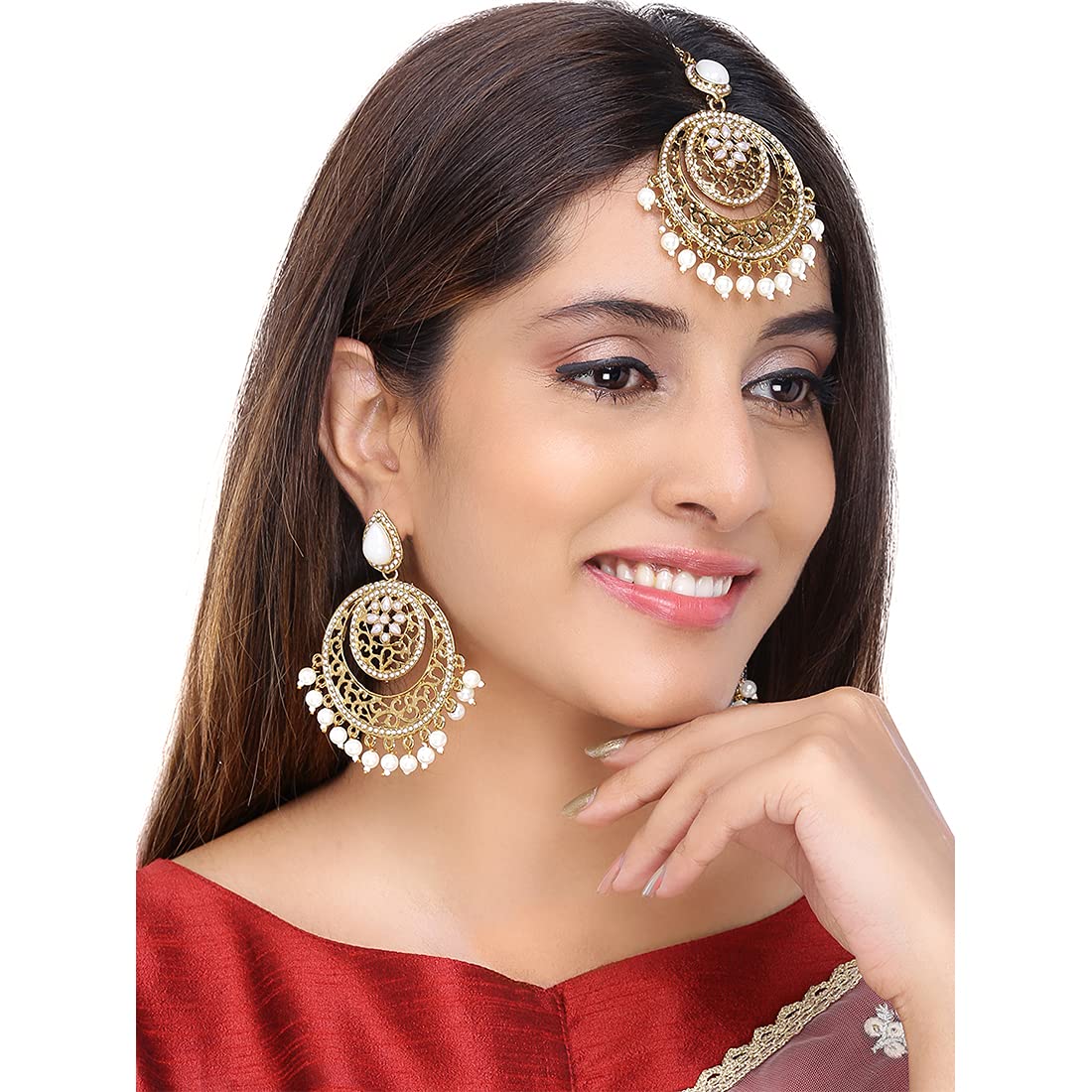 Yellow Chimes Ethnic Gold Plated Traditional Pearl Chandbali Earrings with Maangtikka for Women and Girls, Medium (YCTJER-04MNGPRL-GL)