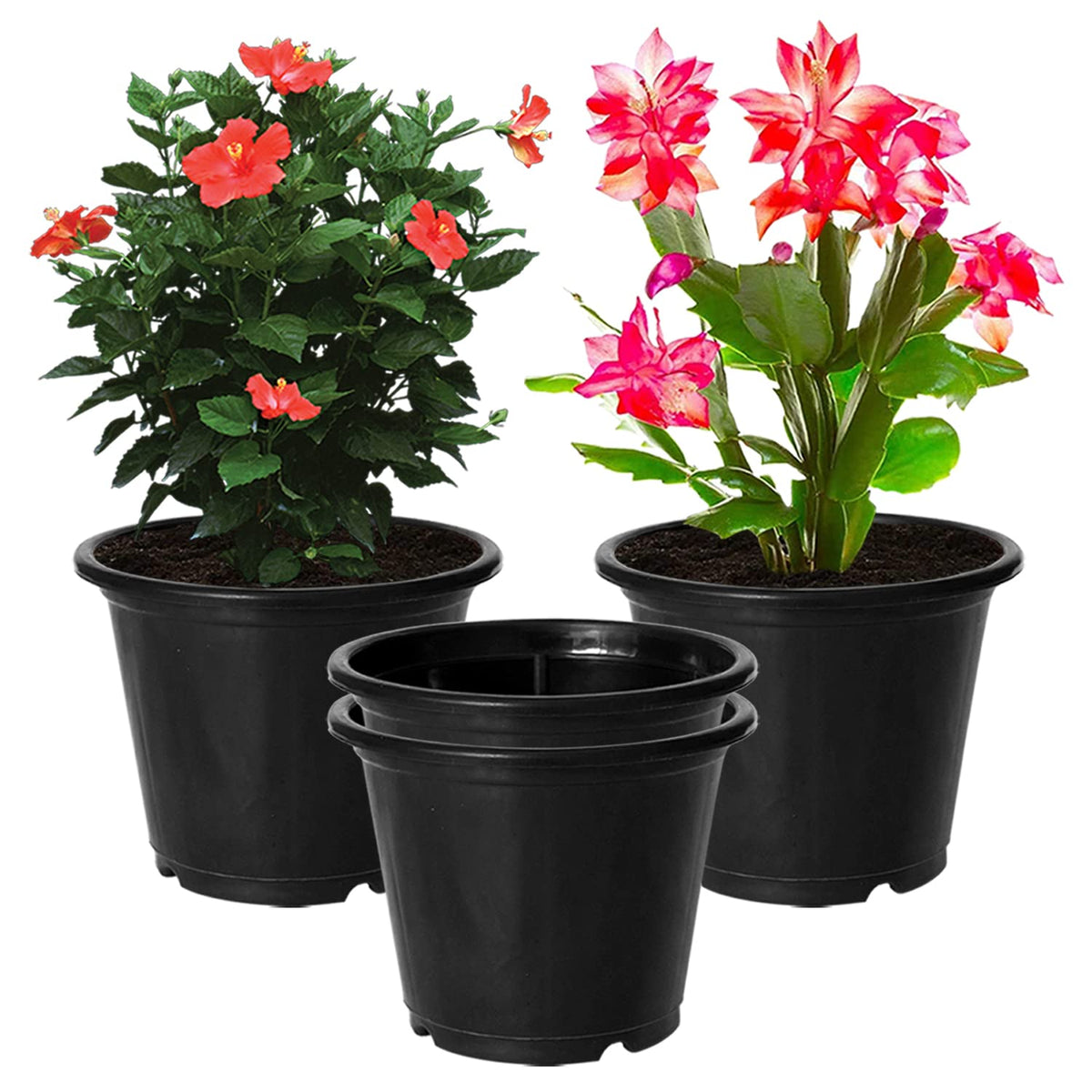 Kuber Industries Durable Plastic Flower Pot|Gamla with Drain Holes for Indoor Home Decor & Outdoor Balcony,Garden,6"x5",Pack of 4 (Black)