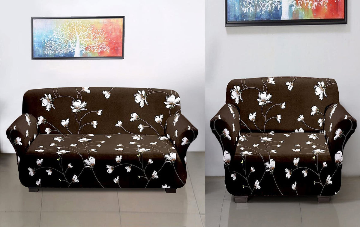 Kuber Industries Flower Printed Stretchable, Non-Slip Polyster 1 & 3 Seater Sofa Cover/Slipcover/Protector Set with Foam Stick, Set of 2 (Brown)-50KM01435, Standard