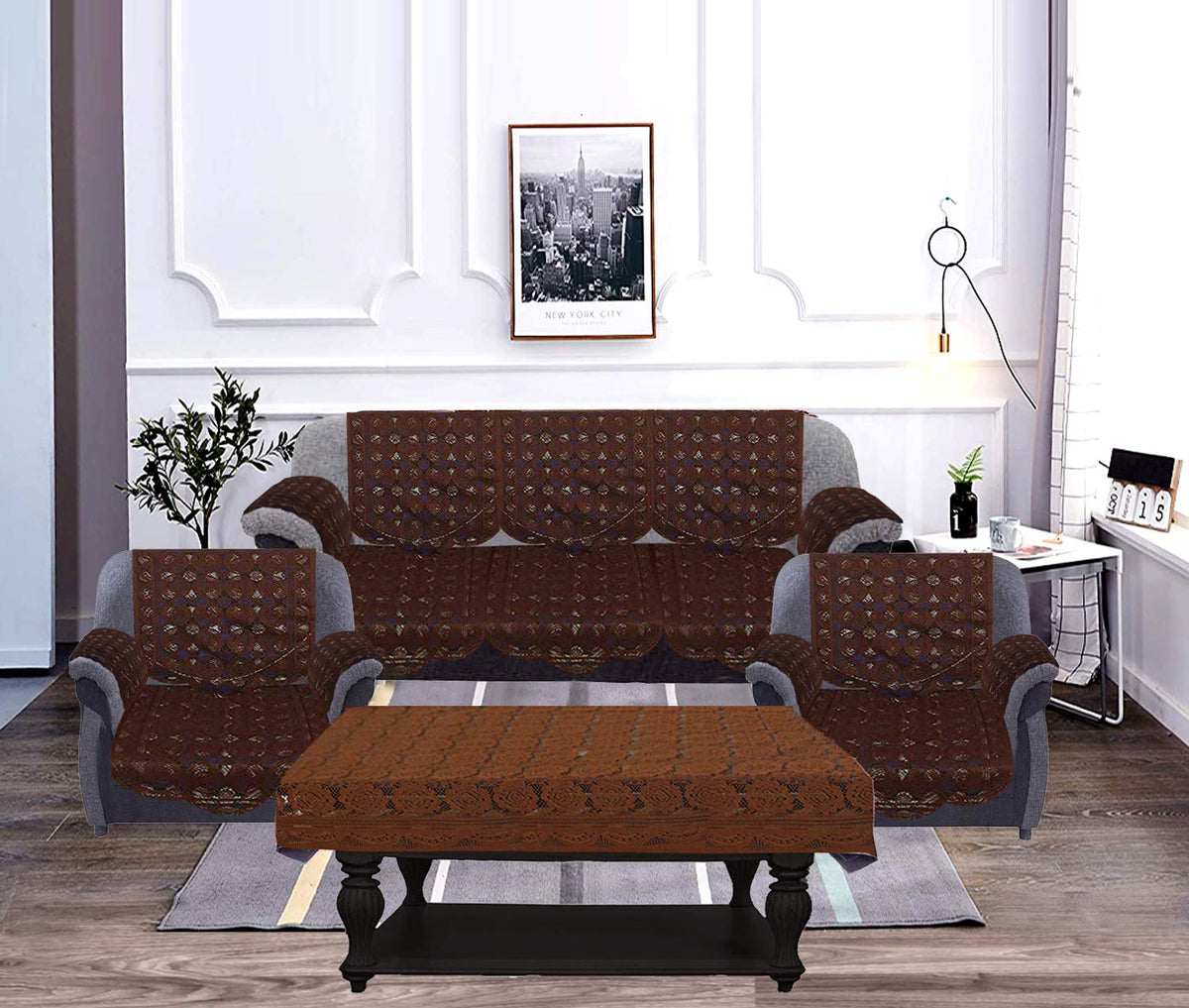 Kuber Industries Circle Design Cotton 5 Seater Sofa Cover with 6 Pieces Arms Cover and 1 Center Table Cover, Use Both Side (KUBMART12001, Standard, Set of 17, Brown)