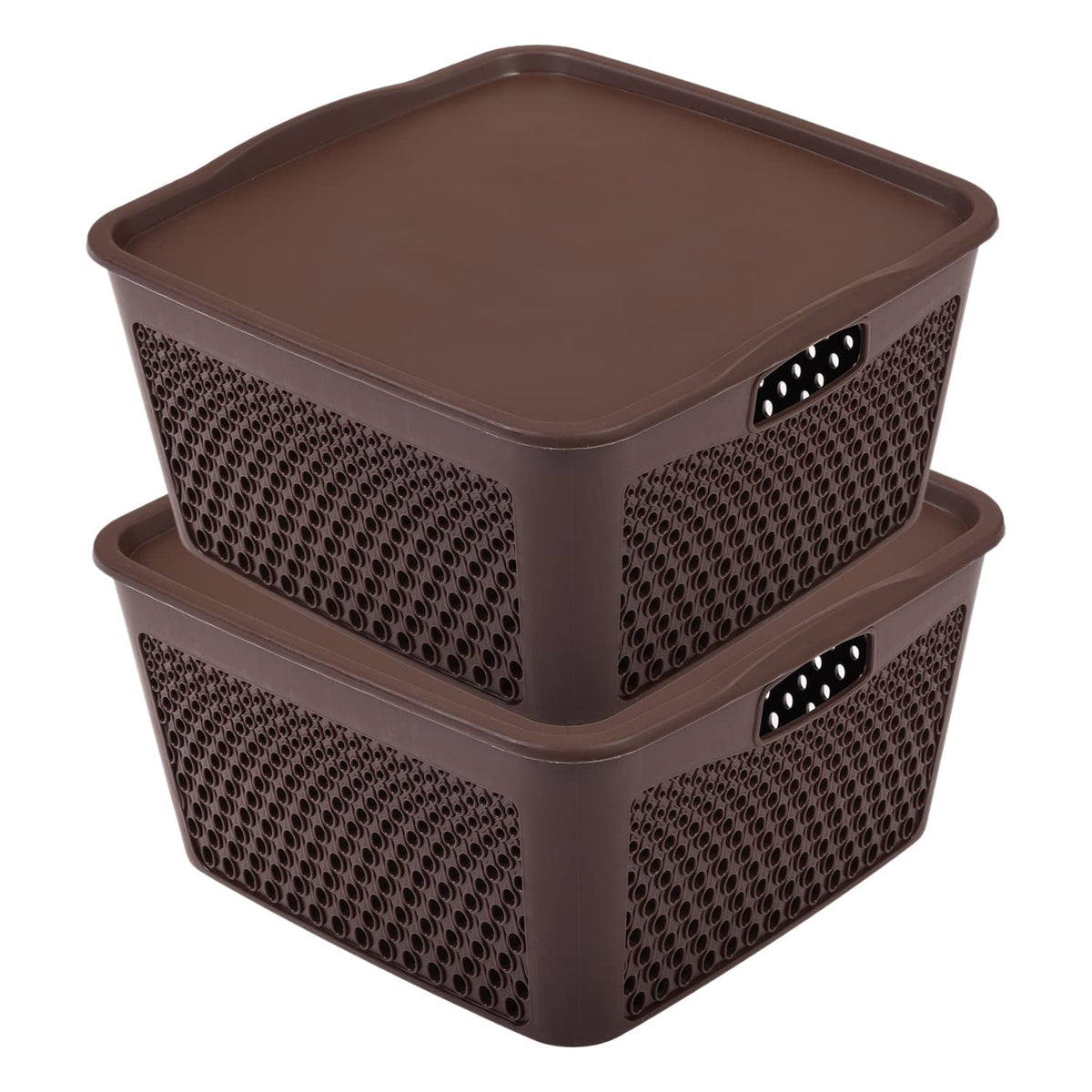 Kuber Industries Netted Design Unbreakable Multipurpose Square Shape Plastic Storage Baskets with lid Small Pack of 2 (Brown)