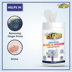 Cleno Quick Drying Glass & Window Surface Wet Wipes for Home, Cars, Mirrors, Tinted Windows, Ammonia & Tint Free - 50 Wipes (Ready to Use), Pack of 1 (9687)
