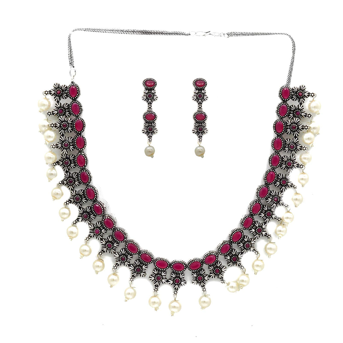 TEEJH Ekladh Red Stone Silver Pearl Necklace Set For Women