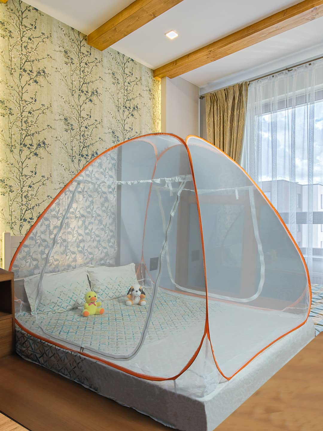 Evafly Mosquito Net for Double Bed | King Size Foldable Machardani | Polyester 30GSM Strong Net |PVC Coated Corrosion Resistant Steel Wire - Orange