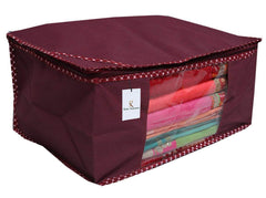 Kuber Industries 3 Pieces Non Woven Fabric Saree Cover/Clothes Organizer for Wardrobe Set with Transparent Window, Extra Large (Maroon)| Stylish and Practical Closet Organizers