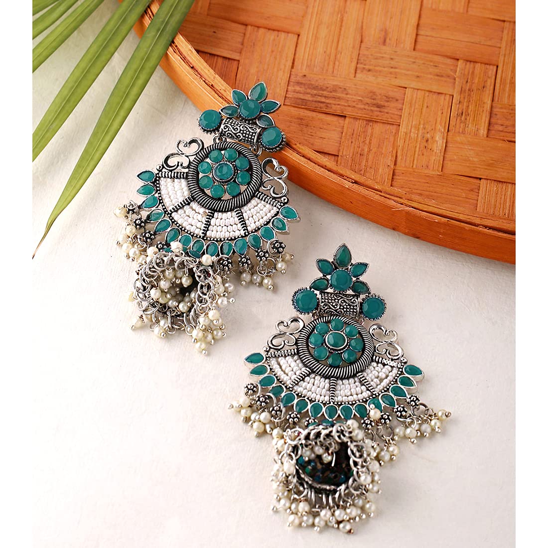 Yellow Chimes Ethnic German Silver Oxidised Multicolour Studded stones Flower Design Pearl Moti Traditional Chandbali Earrings for Women and Girls Green