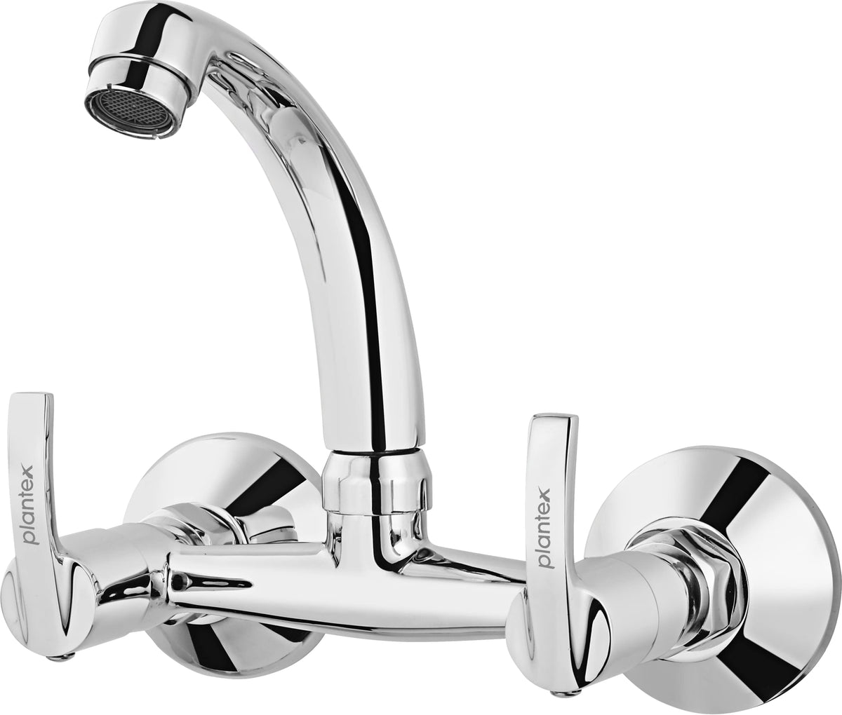 Plantex AQ-1414 Pure Brass Kitchen Sink Mixer (High Arch 360 Degree)/Double Handle Hot and Cold Water Tap for Bathroom with Brass Wall Flange & Teflon Tape (Mirror-Chrome Finish)