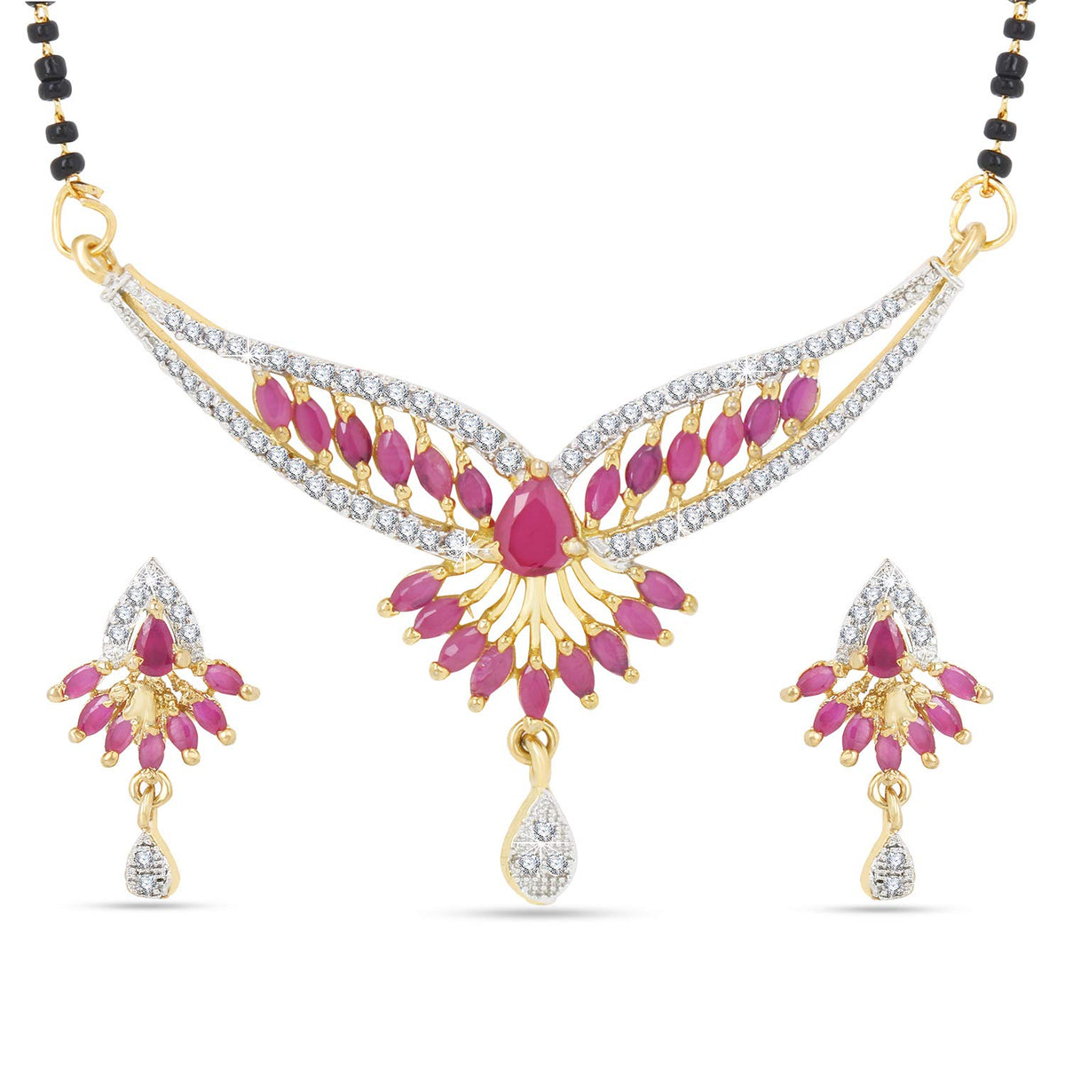 Yellow Chimes Classic Pink AD/American Diamond Studded Ethnic Black Beads Designer Mangalsutra Set with Earrings for Women