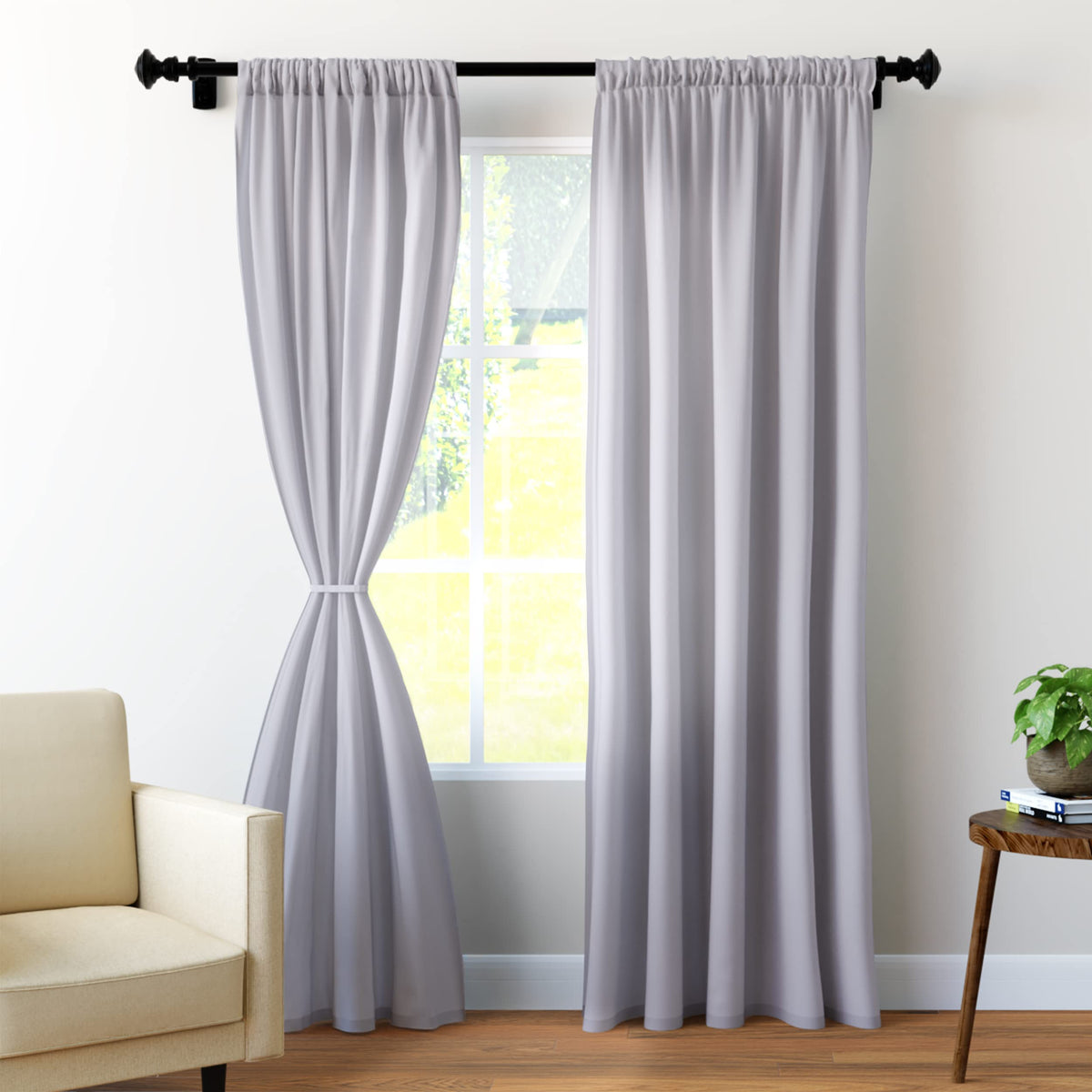Encasa Homes Polyester Solid Curtains with Tie Back, 8 ft Long Door Panel Set of 2 - Grey, Rod Pocket, Light-Filtering, Curtains for Door, Bedroom, Living Room