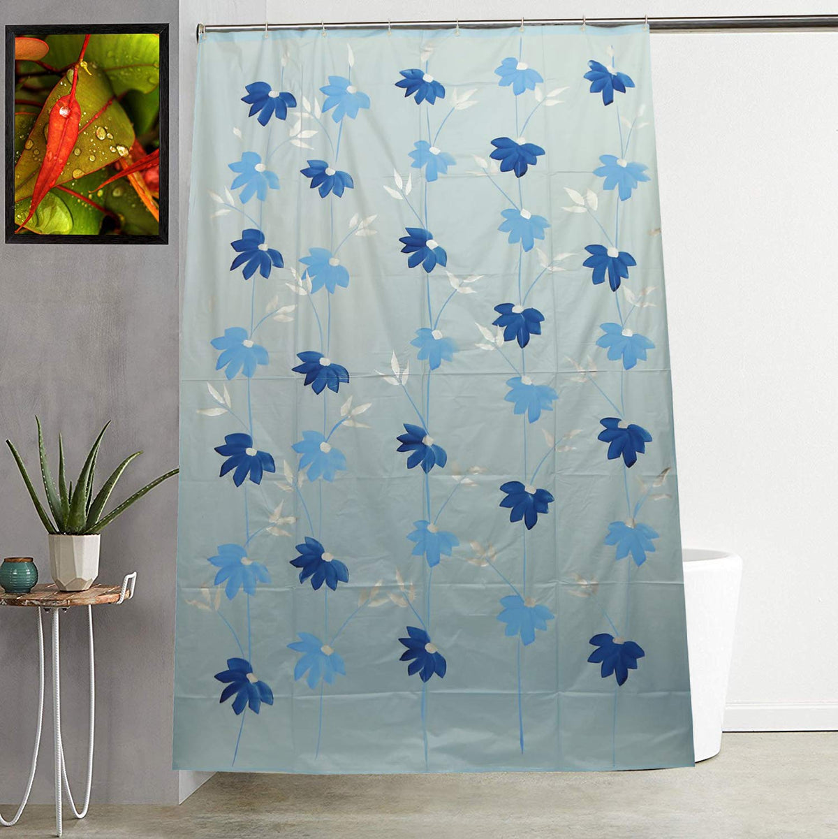 Kuber Industries PVC Floral Shower Curtain with 8 Hooks, Standard, Sky Blue