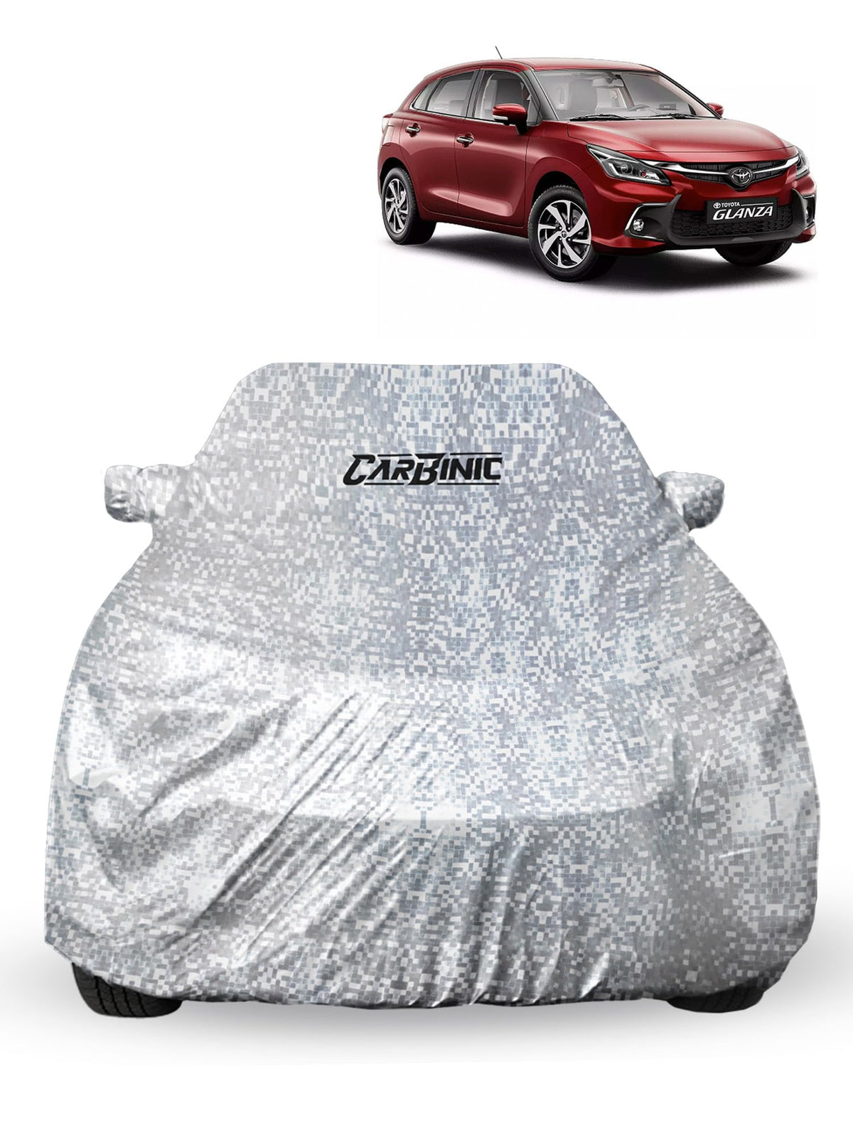 CARBINIC Car Cover for Toyota Glanza2022 Waterproof (Tested) and Dustproof Custom Fit UV Heat Resistant Outdoor Protection with Triple Stitched Fully Elastic Surface | Silver with Pockets