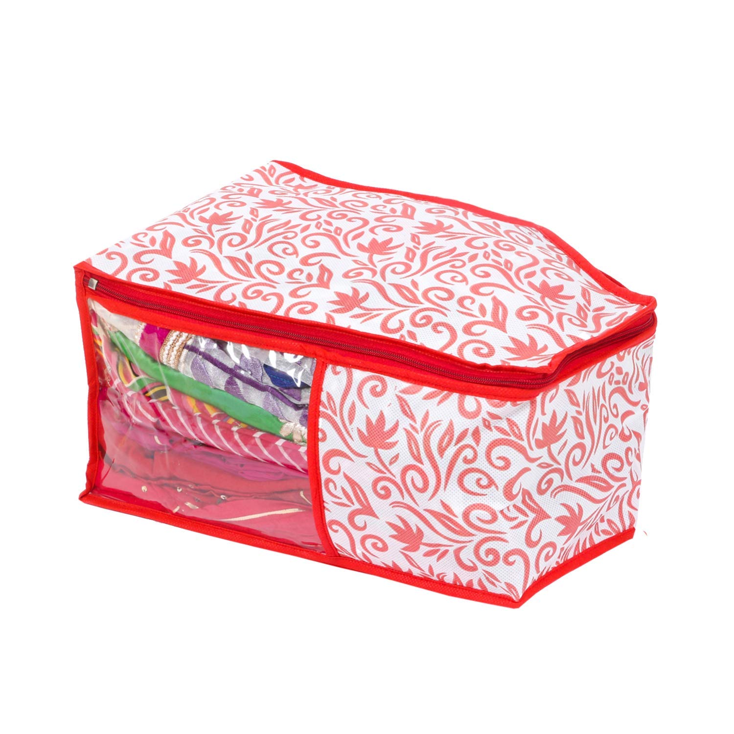 Kuber Industries Leaf Design Non Woven 3 Piece Saree Cover/Cloth Wardrobe Organizer and 3 Pieces Blouse Cover Combo Set (Red) -CTKTC038403