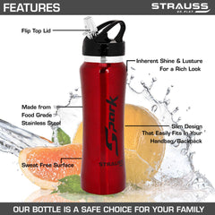 STRAUSS Spark Stainless-Steel Bottle | Leak-Proof Water Bottle | Water Bottle for Travel, Hiking, Trekking, Home, Office & School | Non-Toxic & BPA Free Steel Bottles | 750 ml,(Metal Finish Red)