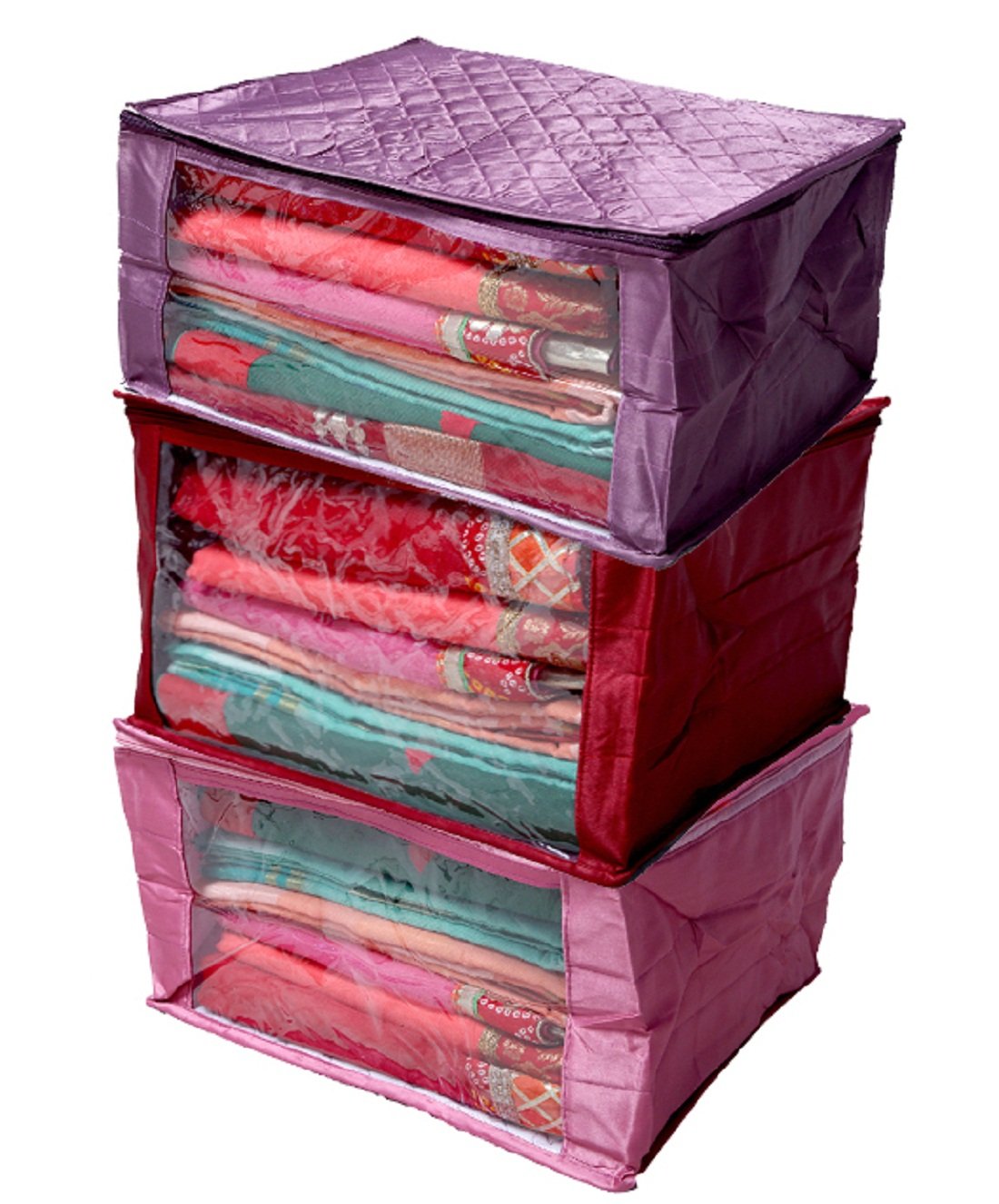 Kuber Industries Quilted 3 Piece Satin Saree Cover Set, Maroon, Purple and Pink