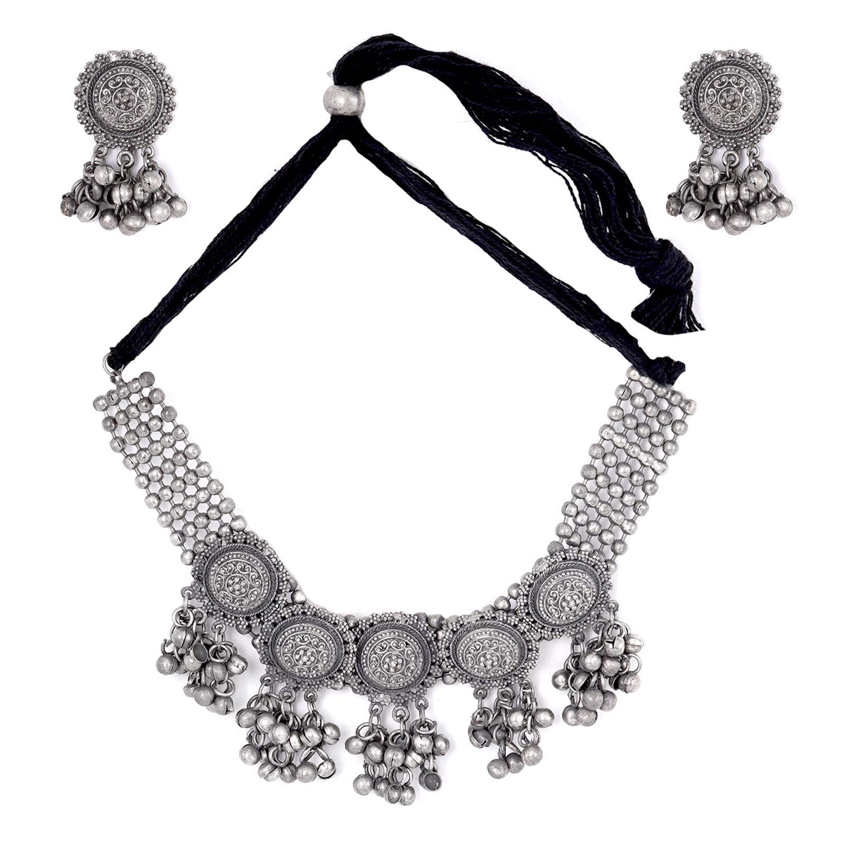 TEEJH Kiva Silver Oxidised Ghungroo Necklace Set For Women